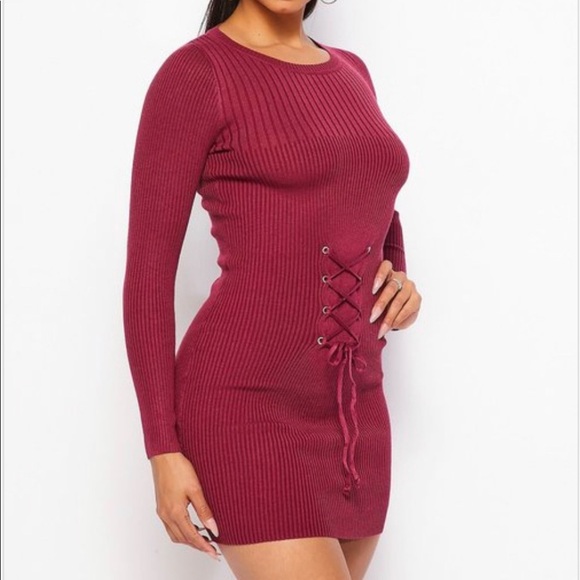 NEW TRENDY BLACK RIBBED LONG SLEEVE KNIT FRONT LACE UP WAIST BELT MINI DRESS - Picture 3 of 5